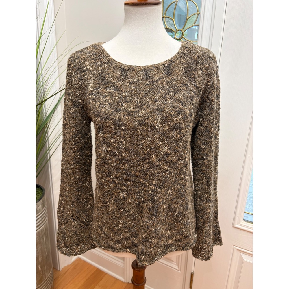 J.Jill Womens Medium Marled Knit Sweater Brown Tan Pointelle Cuff Rolled Hem